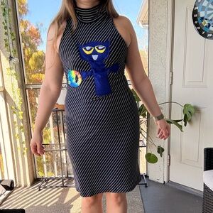 Upcycled Stripped Navy Blue Dress with Cat Holding a Coffee Design
